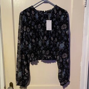 Wilfred Tempest Black Floral Long-Sleeve Cropped Blouse